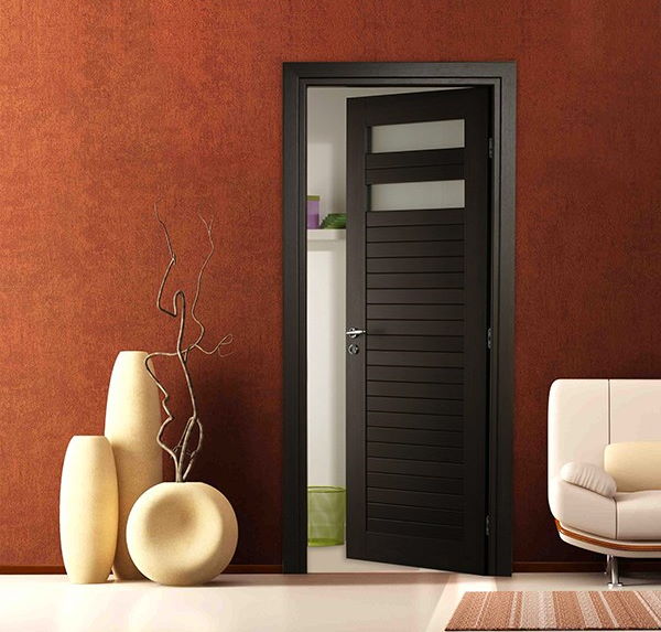 hinged laminated door with slats and glass compartment in wenge